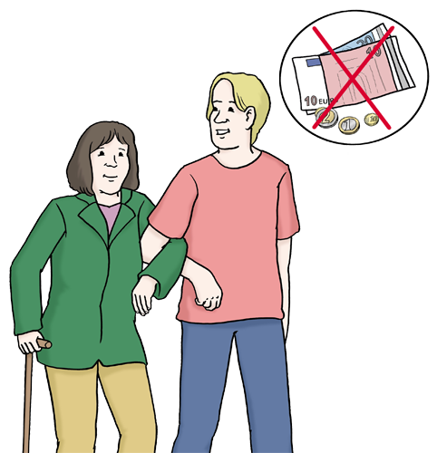 Bild zeigt zwei Personen. Eine Person mit einem Stützstock ist bei einer anderen Person eingehackt und wird begleitet. Rechts oben ein Symbol, das für die kostenlose Unterstützung steht (ein durchgestrichener Geldschein).