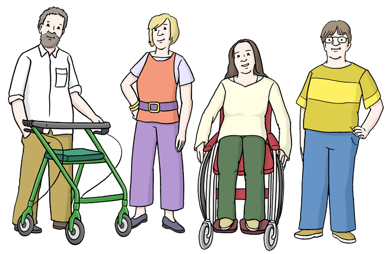 Bild zeigt vier Personen. Davon eine Person mit einem Rollator und eine Person in einem Rollstuhl.