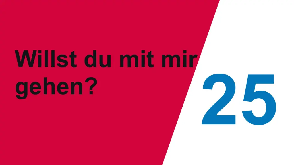 Auf rot weißem Hintergrund steht der Text: "Willst du mir mir gehen?" und die Zahl "25".